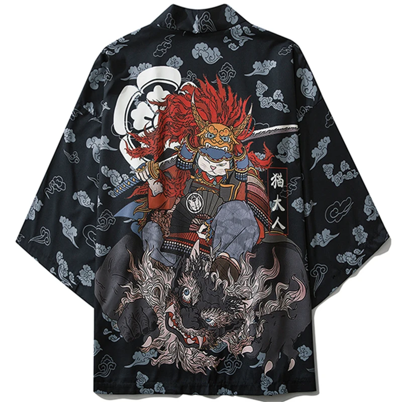 

Traditional Japanese Samurai Cat Kimonos Cardigan Robe Men 2021 Summer Women Yukata Haori Casual Cosplay Anime Clothing