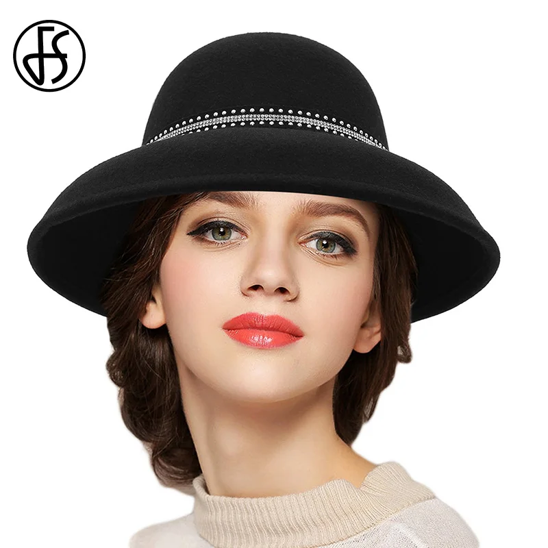 FS роскошный бренд заклепки украшения котелок из шерсти кепки для женщин шляпа