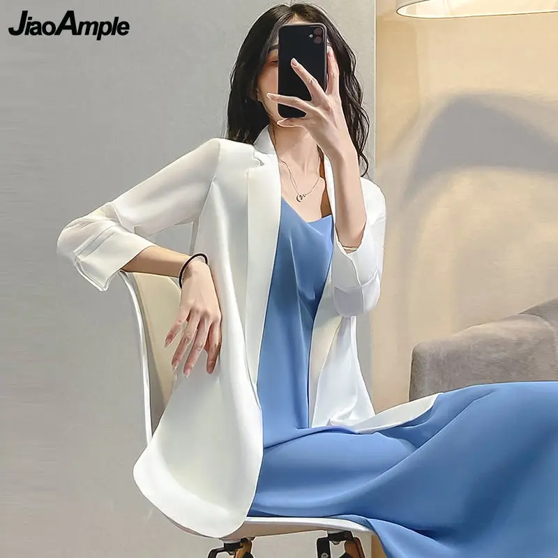 

2021 Summer New 2 Pieces Clothing Sets Women's Formal Outfits Lady Office Suit Costume Dresses Korean Graceful Solid White Coat