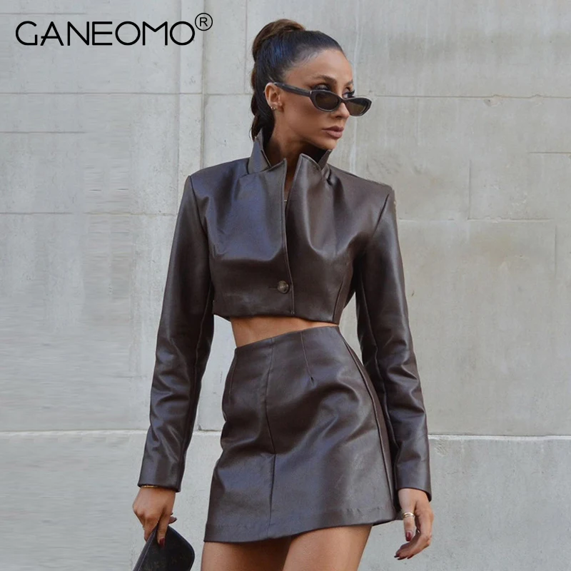

Two Piece Set Short Jacket Women Elegant Solid Pu Leather Coat and High-waisted Mini Skirts Suits Autumn Winter Casual Clothes