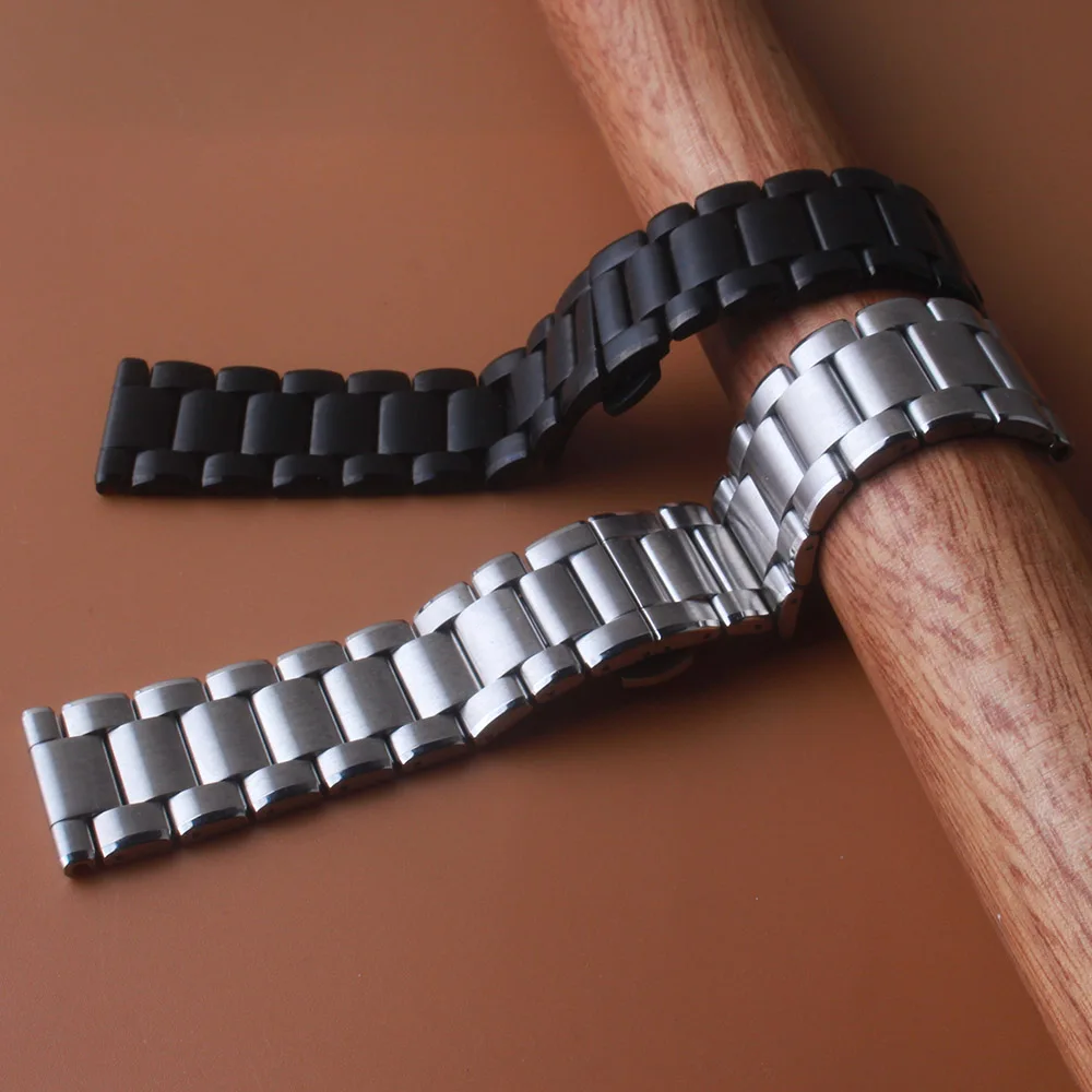 Stainless Steel Watch Band Strap Mens Heavy Watchband Solid Link Bracelet 24mm High Quality Watch Accessories Silver Black bands images - 6