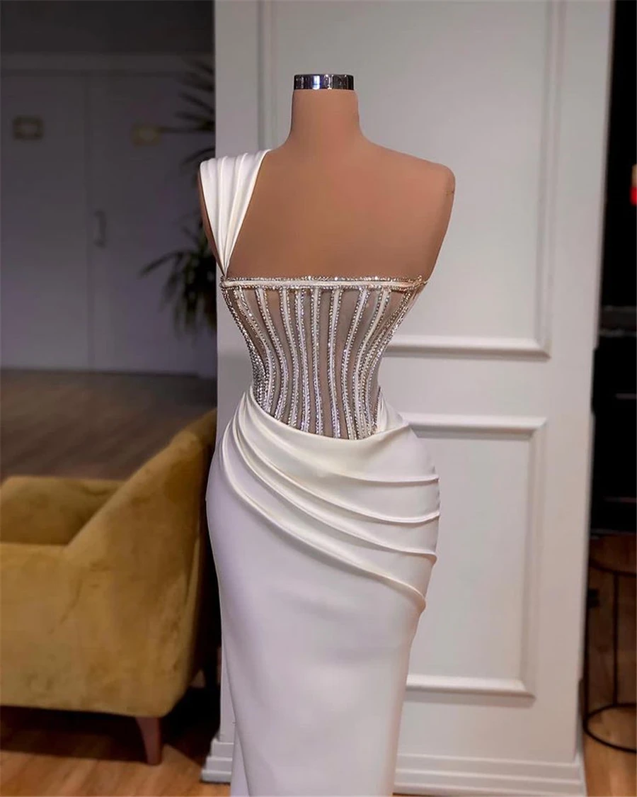 

White Mermaid Evening Dresses 2021 Vestido De Festa Custom Made Long Sleeve Beaded Formal Party Gowns For Woman Night Wear