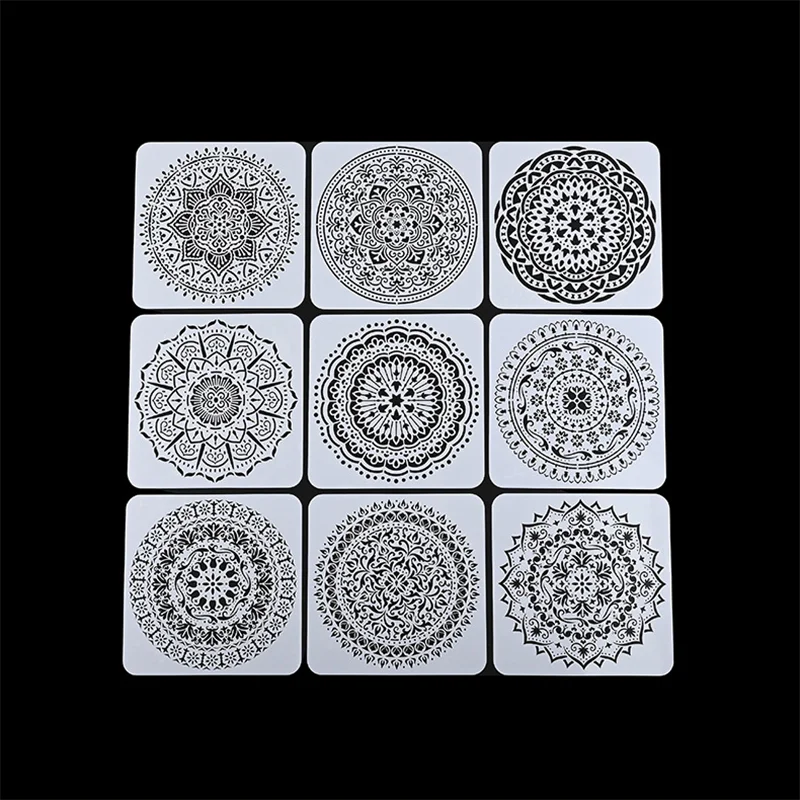 

9pcs/pack 20*20cm Plastic Stensils Wall Flower Round Geometric Templates for Painting Stencil Crafts Large Mandala Decorative