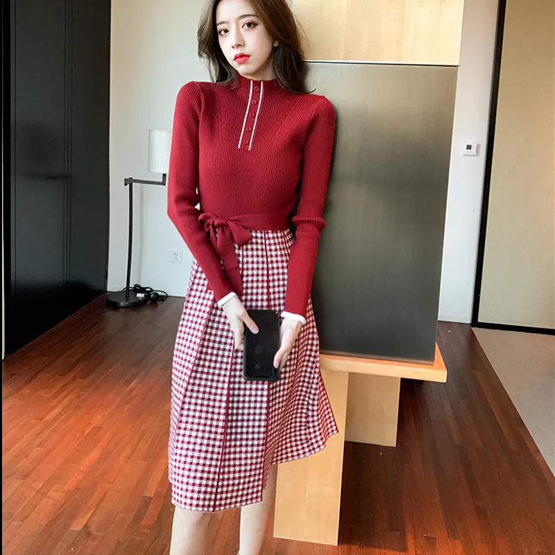 

Fall Winter New Plaid Patchwork Knitting Dress Single Breasted Turtleneck Long-Sleeved Bow Sashes Luxuriy Women Vintage Dresses