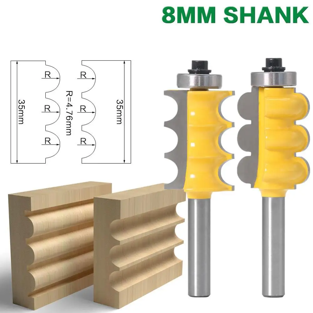 

8mm Shank Triple Bead & Triple Flute Wood Milling Cutter Large Molding Router Bits Set Line Knife Woodworking Cutter