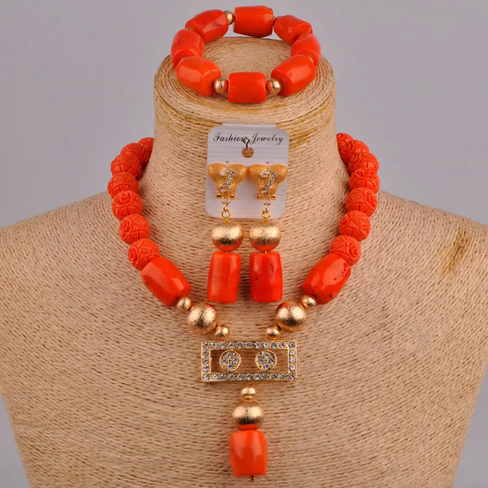 

Pure Natural Orange Coral Bead Necklace Nigerian Bride Wedding Dress Accessories African Ladies Wedding Jewelry Set AU-193