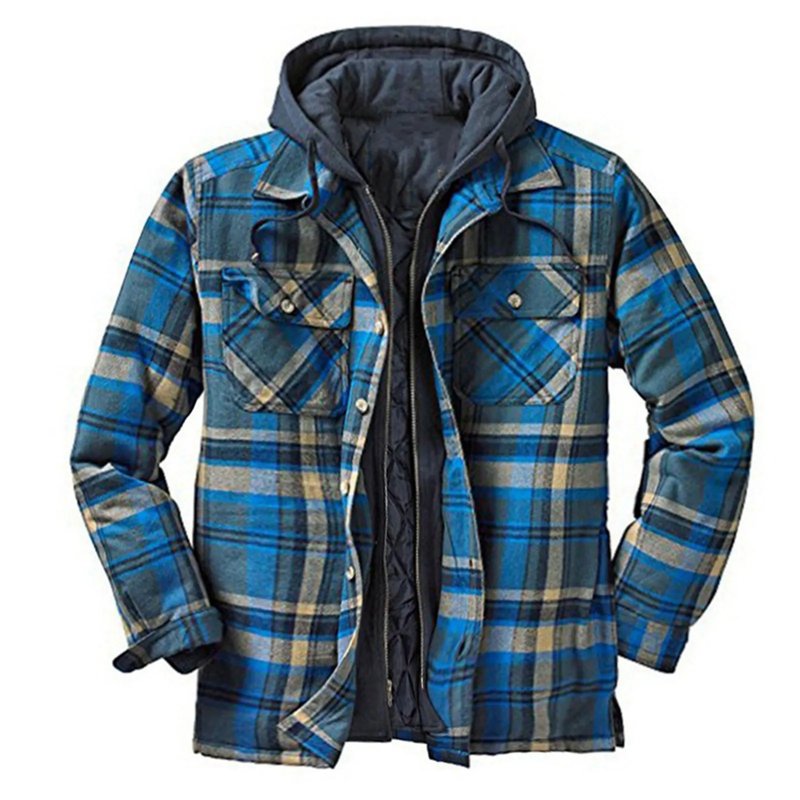 

Men's Autumn And Winter Plaid Lapel Pocket Hooded Padded Loose Shirt Top Jacket jaqueta masculina casaco masculino chaquetas