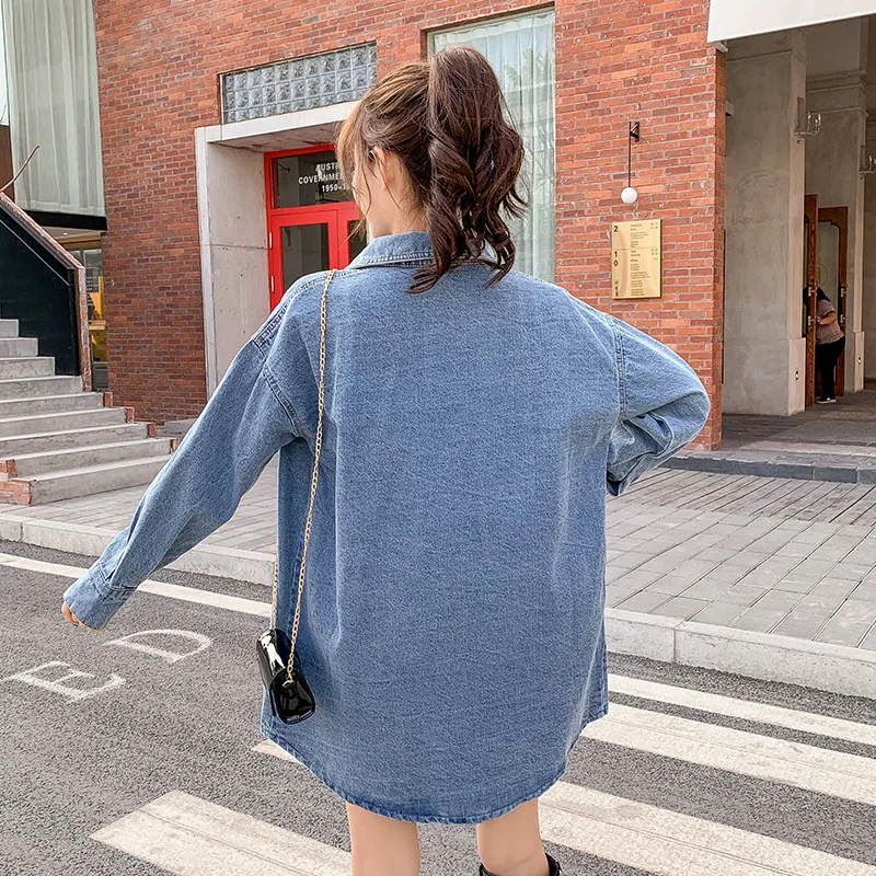 

Spring Women Lapel Single-breasted Shirts Denim Dress Retro Women Long Sleeve Korean Streetwear Fashion Blue Denim Dress
