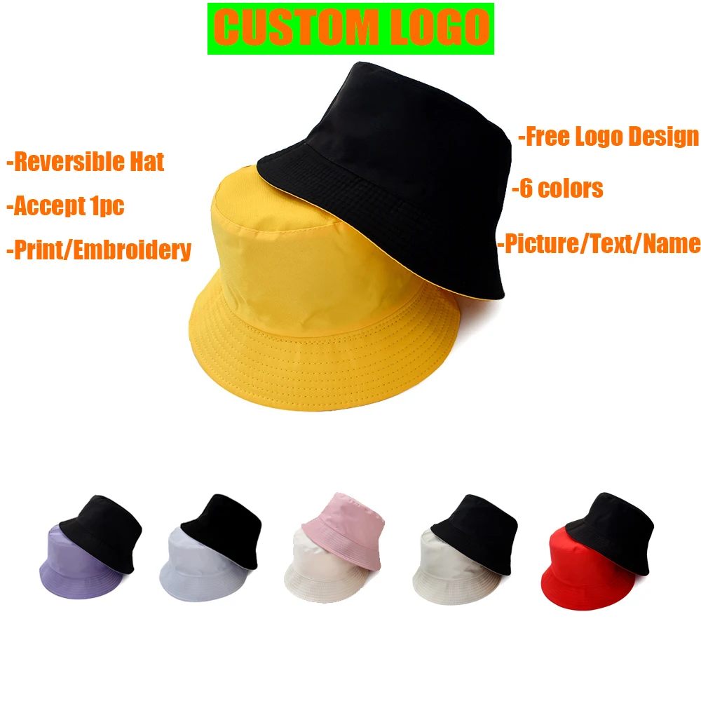 

DIY Logo Print Bucket Hat Two Side Wear Unisex Simple Bob Caps Hip Hop Gorros Men Women Panama Cap Beach Fishing Boonie Sunhat