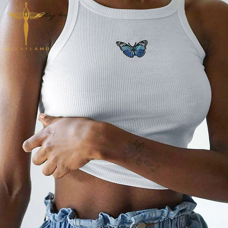 

White Sleeveless Tank Tops Women Butterfly Embroidery Camisole Casual Female Tees Crop Tops Summer Vest Solid Basic Camisetas