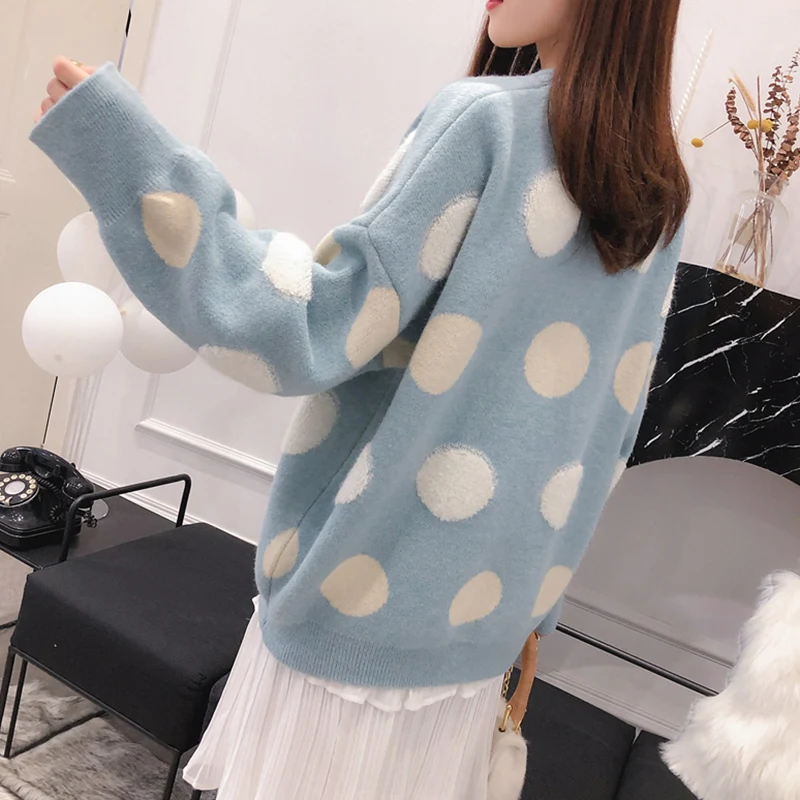 Женский милый sweater в горошек TIGENA, теплый вязаный свободный пуловер с длинным рукавом, джемпер для женщин на зиму