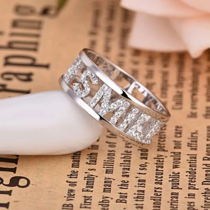 Free Shipping Letters with Full Crystal Ring 8mm Mens Solid 925 Sterling Silver Band Ring