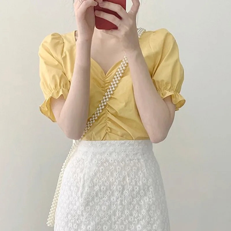 

Retro French Style Blouses Summer Short Sleeve Solid Color Square Collar Women Shirt Tops