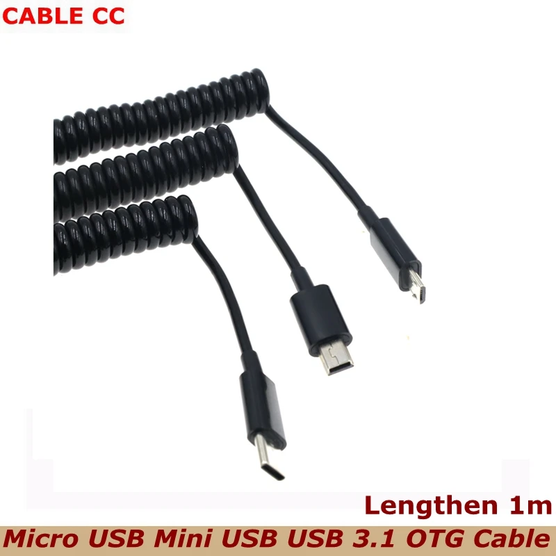 Retractable Car Spring Type C to Micro Mini USB otg Cable Suitable for Samsung Xiaomi Huawei Charging LED Data |