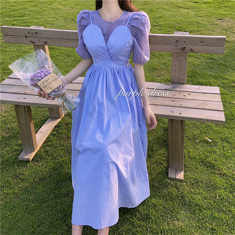 

2021 Korea Summer Elegant Sexy V-Neck Sling High Waist Slim Dress And Puff Sleeve Top Two Piece Set