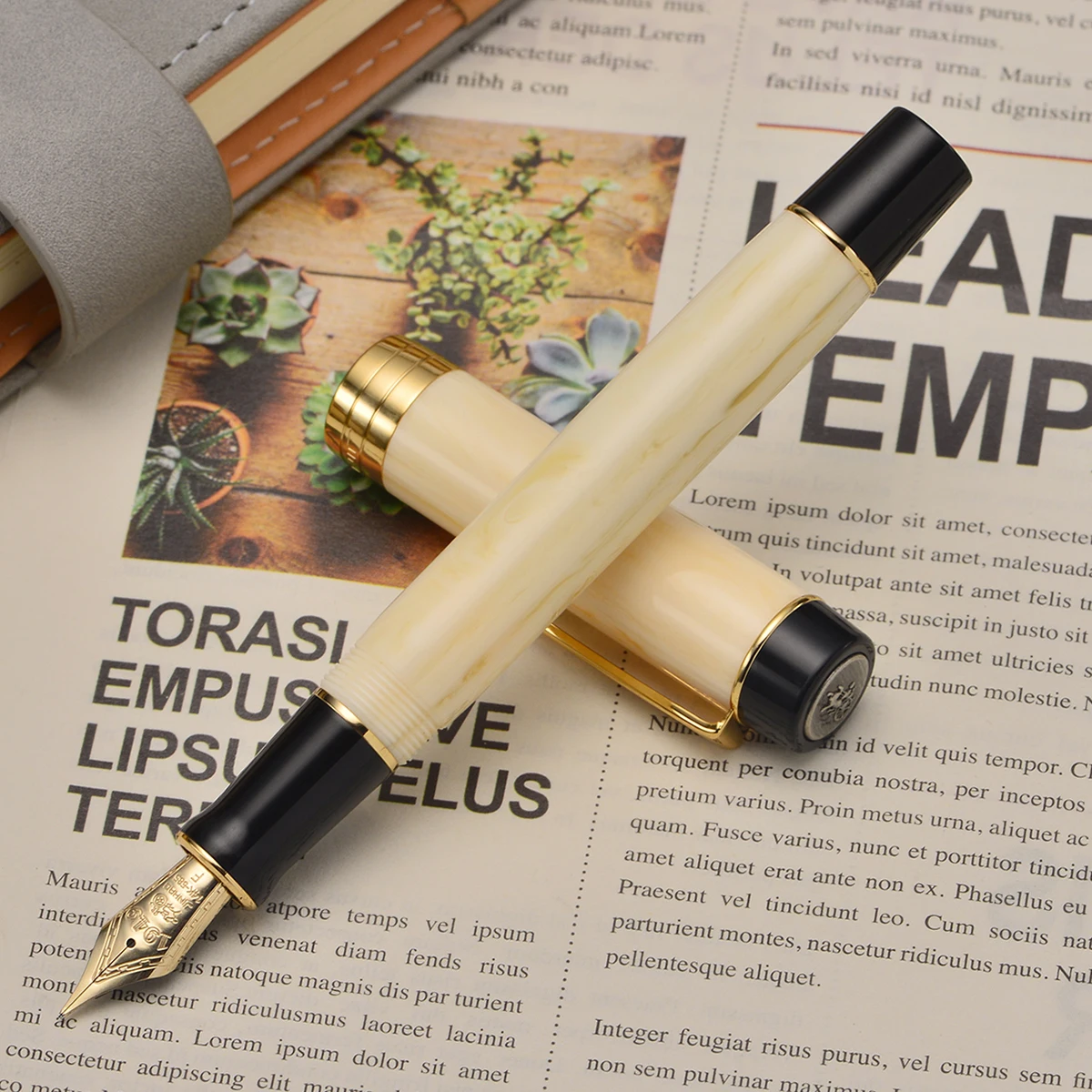 Jinhao 100 14K Gold Resin Fountain Pen White Stripe Fine Nib 0.5mm Golden Clip Converter Writing Business Office Gift Ink Pen
