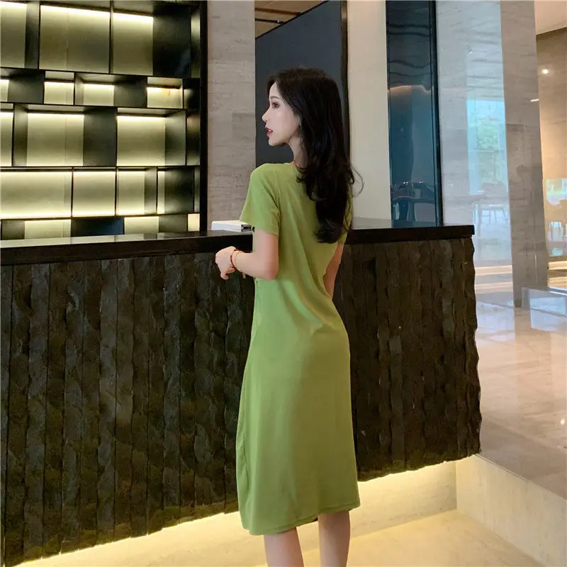 

2021 New Chaoxian Korean Student Knee A-line Skirt Slim Fit Short Sleeve Waist Close Thin T-shirt Dress Women's Summer