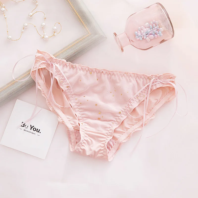 pink Японское Лолита золотые звезды сексуальное нижнее белье Сладкий кружевной бант бесшовные трусы сексуальные трусики прозрачное белье женские стринги - Цвет: pink