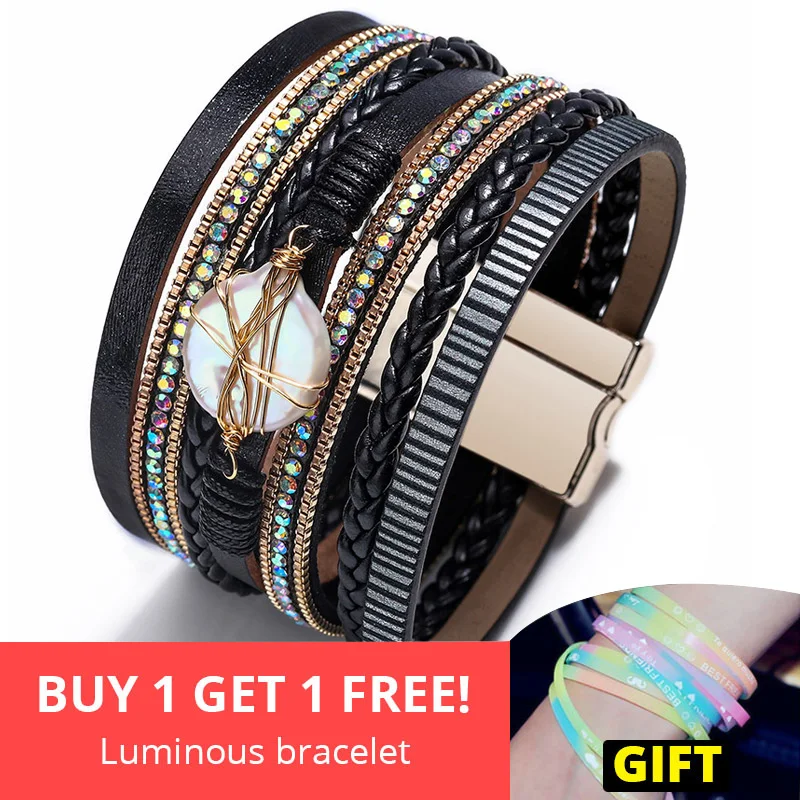 

2020 New Bohemian Style Rhinestone Crystal Black White Leather Bracelet Femme Pearl Charm Magnet Clasps Bracelets for Women Men