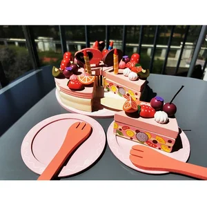 Детские магнитные Розовые Деревянные игрушки для торта на день рождениядеревянные кухонные торты двухслойные с клубникой, настоящая жизнь, ролевые игрушки