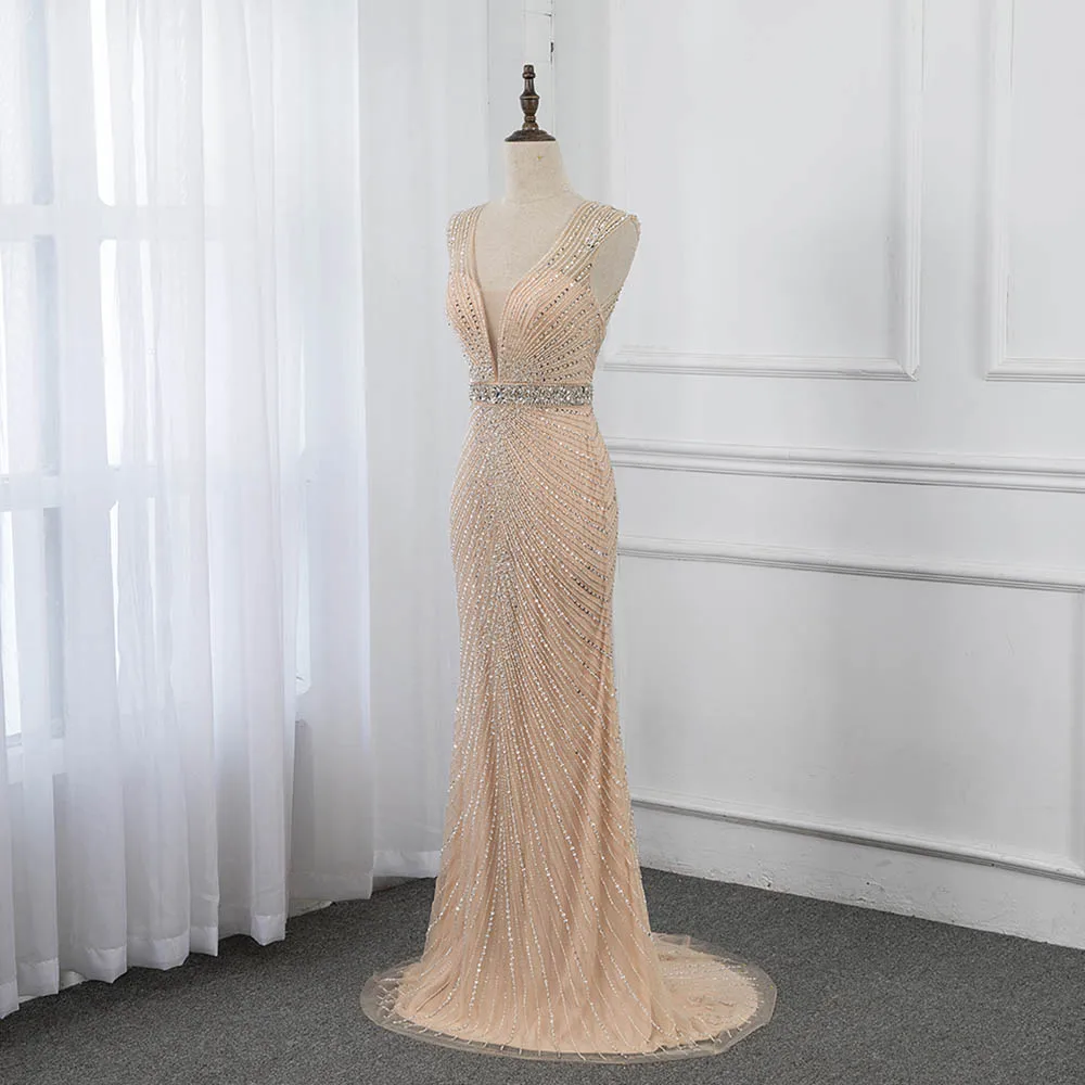 YQLNNECouture длинное вечернее платье телесного цвета с кристаллами фатиновое русалки