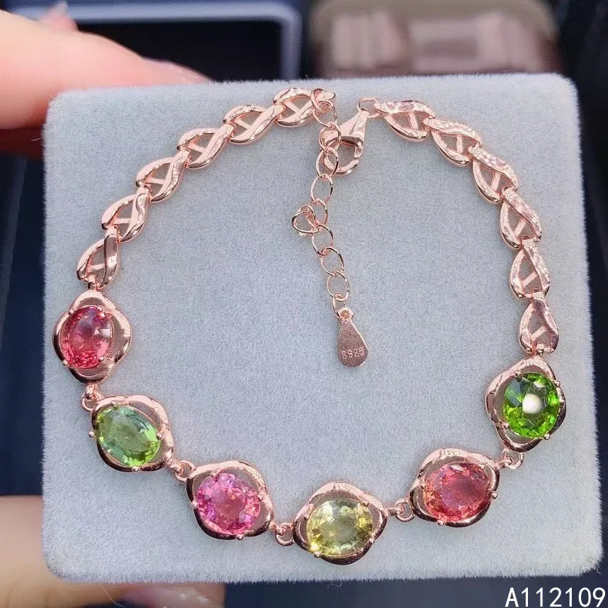 

Fine Jewelry 925 Sterling Silver Inset With Natural Gemstone Women's Luxury Lovely Flower Color Tourmaline Hand Bracelet Support