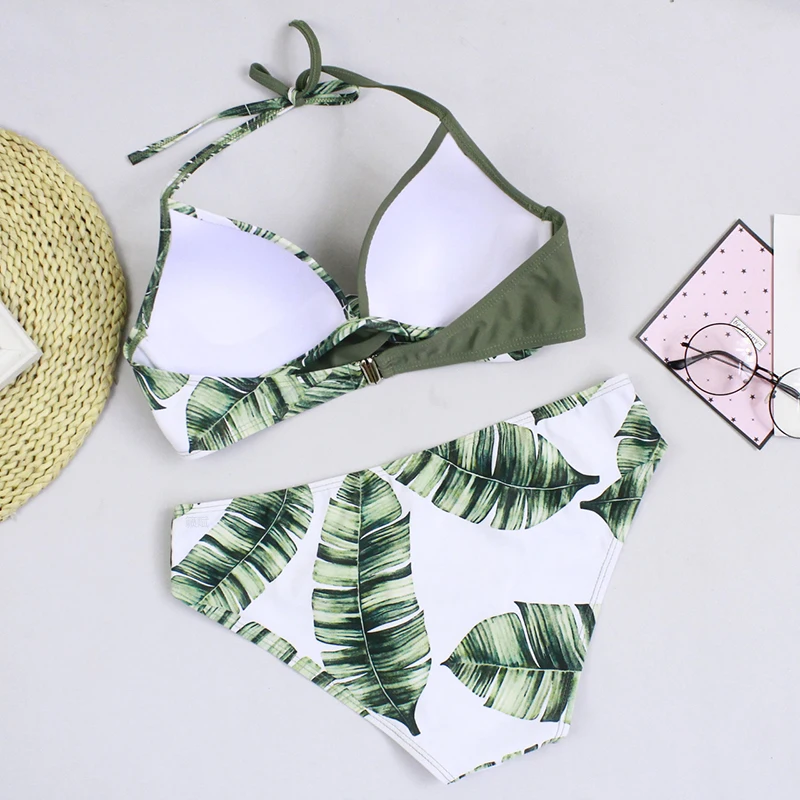 

Sexy Push Up Bikinis Set Swimwear Women Swimsuits Bathing Suit Women Halter biquini Leaf Print Beach Wear Bikini 2021