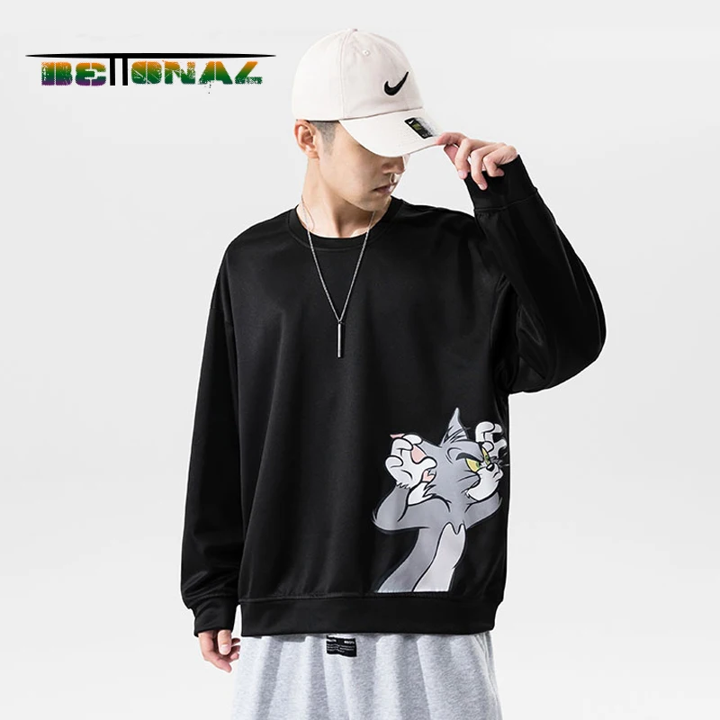 Осенняя мужская толстовка унисекс одежда с длинным рукавом рисунком кота Япония