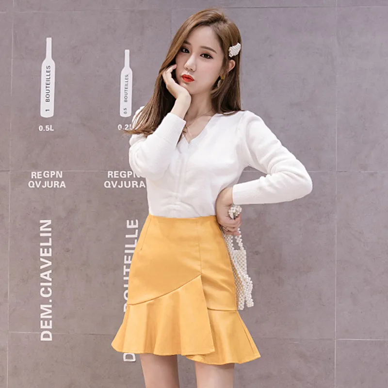 Комплект из 2 предметов женская одежда 2019 Вязаный топ искусственной кожи с рюшами