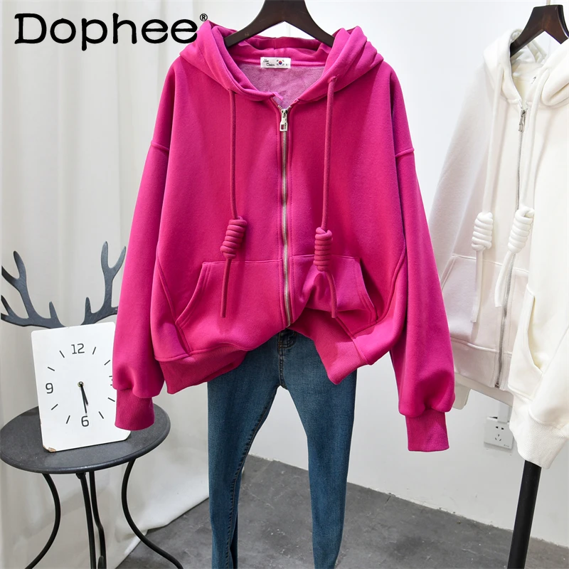 

Simple Casual White and Black Hoodies Women Winter Thick Plus Velvet Fashion Hooded Pure Cotton Zipper Cardigan Sweatshirt Tide