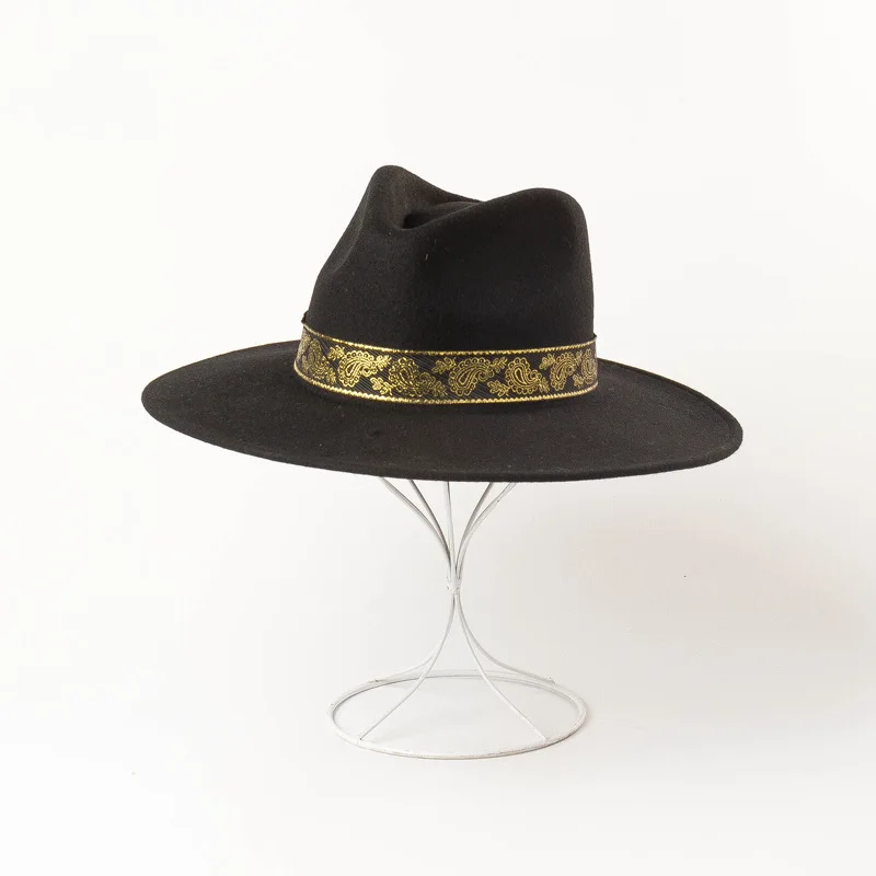 Autumn Winter Fashion wool Embroidery decorative ribbon Wide Jazz Shopping Tourist Style Felt Fedoras Hats for Women Men - Цвет: Черный