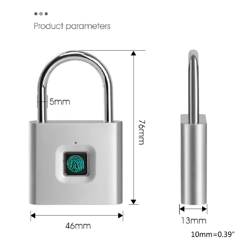 

Black silver Keyless USB Rechargeable Door Lock Fingerprint Smart Padlock Quick Unlock Zinc alloy Metal Self Developing Chip