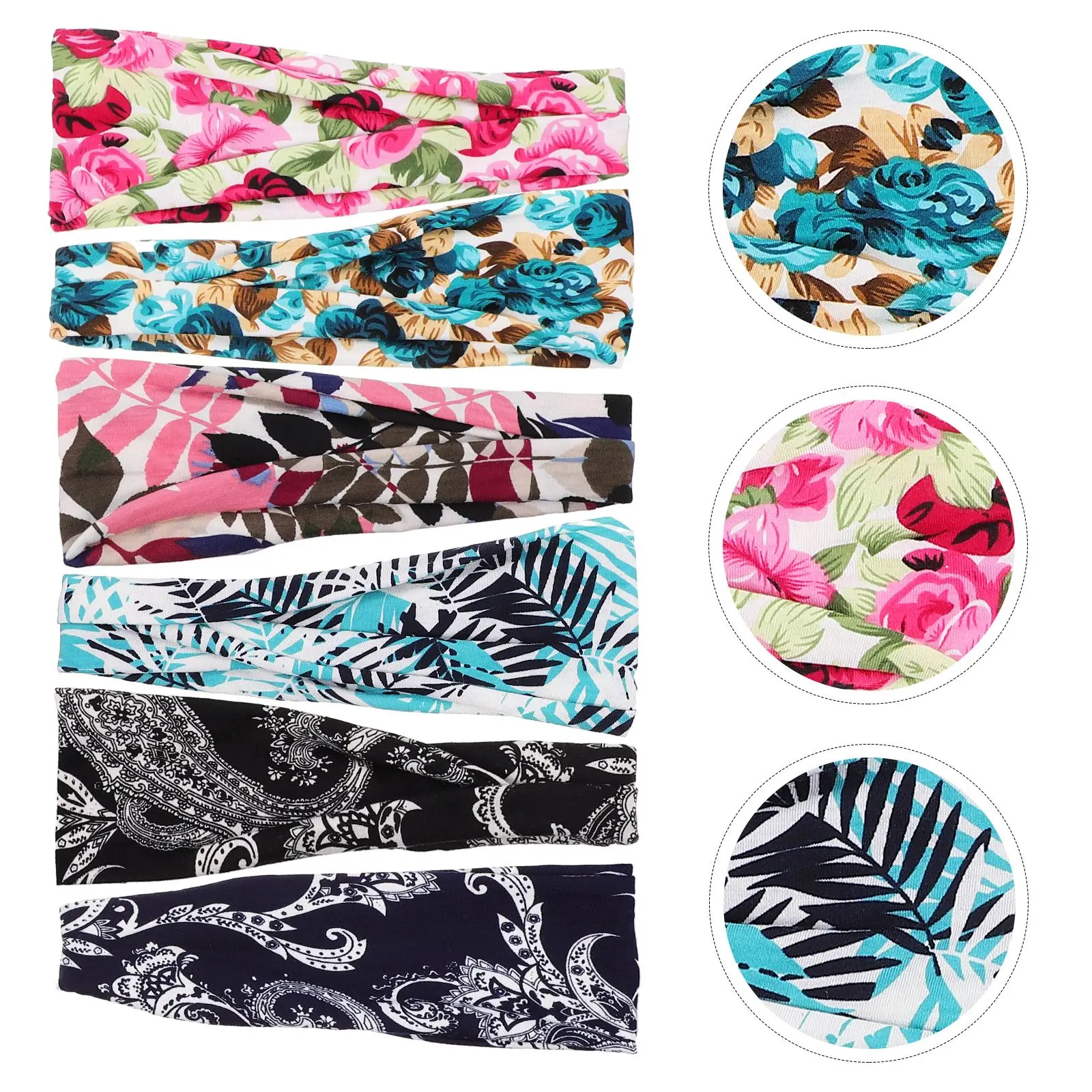 

6pcs Vintage Style Yoga Headbands Elastic Head Bands Flower Printed Hair Bands