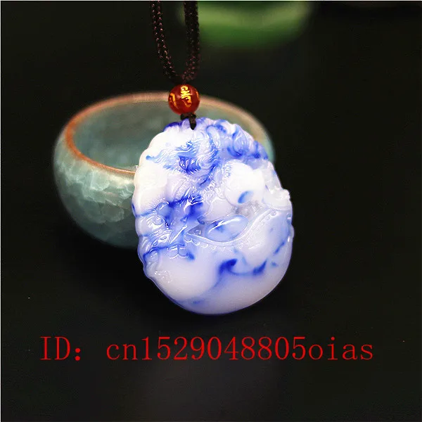 Ожерелье с подвеской в виде дракона из натурального белого и синего нефрита