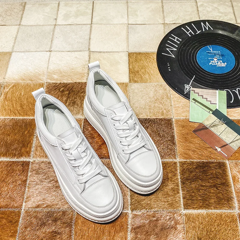 

MLJUFEE 2021 Women Chunky Sneakers Leather White Color Lace Up Casual Trend Female Comfortable Platform Vulcanize Shoes