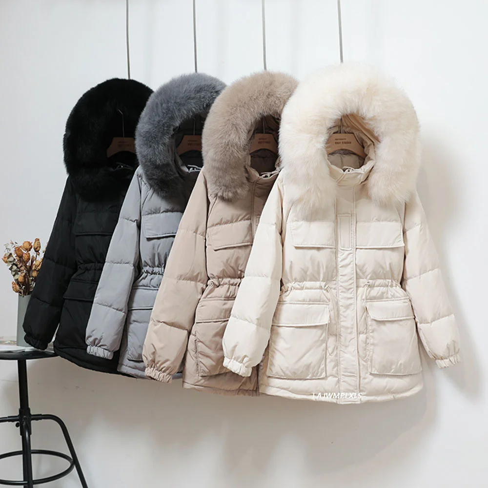 

White Duck Down Coat Winter Women 2021 Fashion New Hooded Real Fur Collar Thicken Warm Feather Clothing Female Parka Overcoat