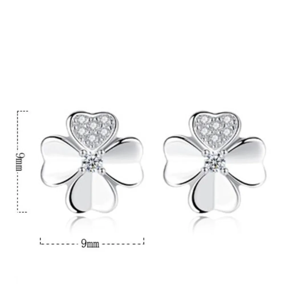 

925 Sterling Silver Stud Earrings High Quality Woman Fashion Jewelry Retro Simple Lucky Clover Crystal Zircon Earrings