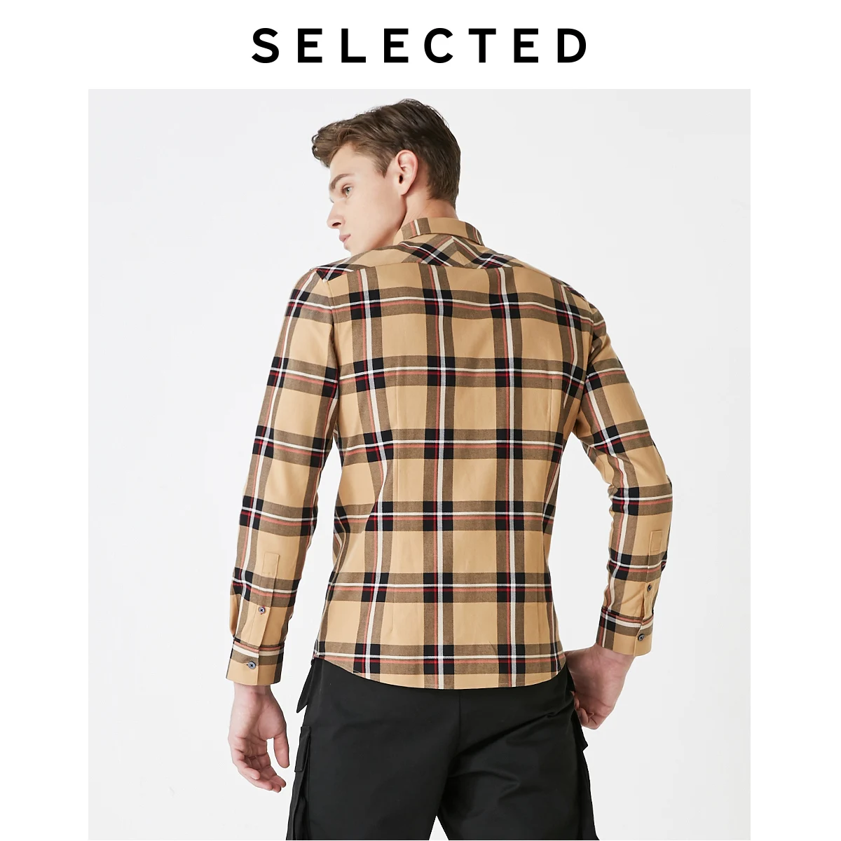 SELECTED Men's 100% Cotton Checked Retro Plaid Long-sleeved Shirt S|419405529 | Мужская одежда