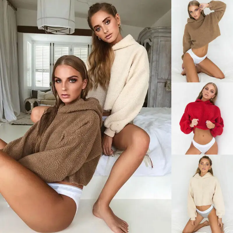 2019 Женская однотонная толстовка с капюшоном джемпер длинным рукавом укороченный