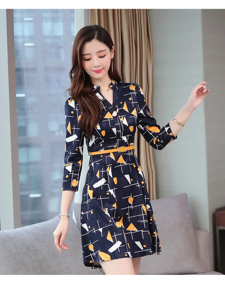 Vintage Print Chiffon Long Sleeve Mini Dress Autumn Winter Chic Plus Size Women Bodycon Dress Elegant Femal Party Vestidos