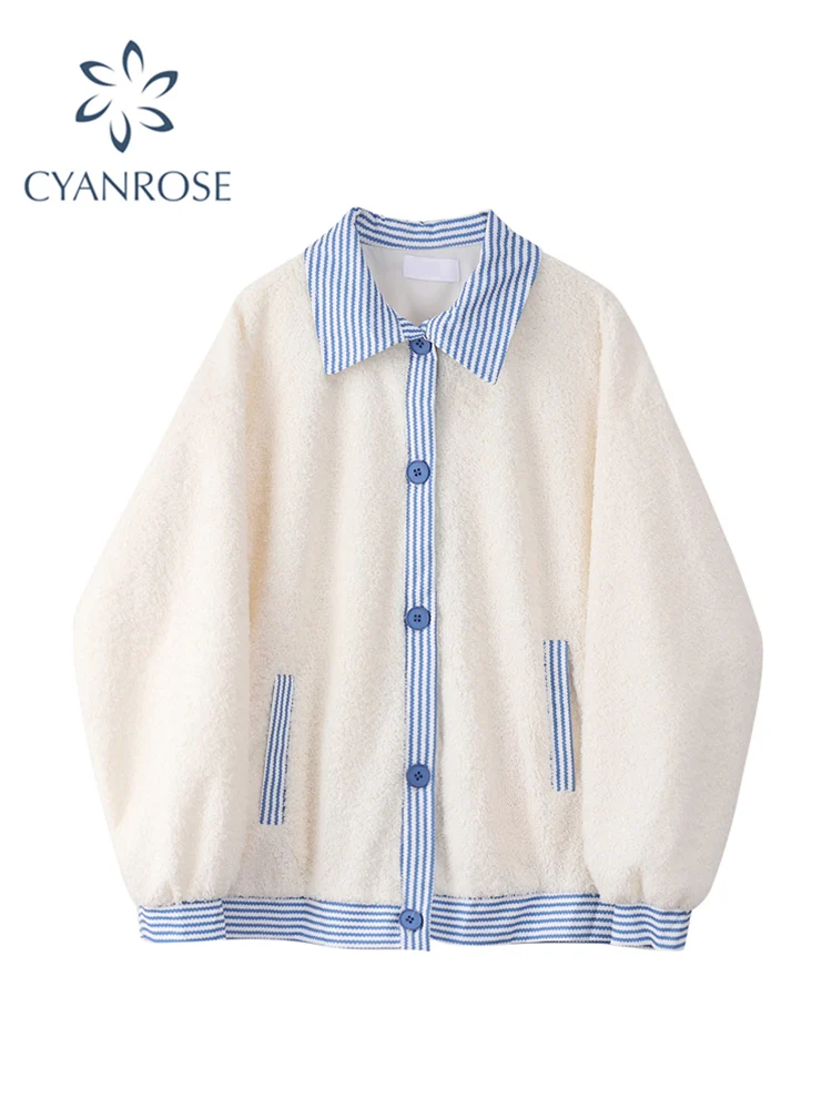 

Women High Quality Fake Rabbit Fur Coats Warm Plus Size Patchwork Vintage Loose Fashion Preppy Female Milk White Cotton Jacket