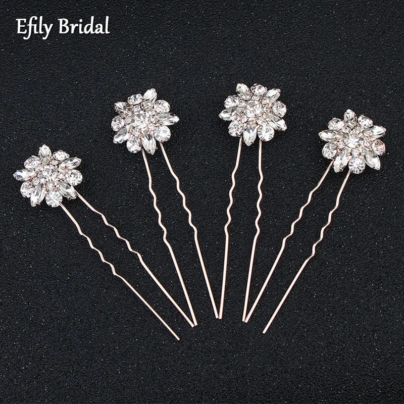 

4pcs/lot Flower Crystal Bridal Hairpins Rose Gold Color Wedding Hair Accessories Women Bride Headwear Rhinestone Hair Jewelry