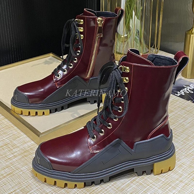 

Men Martin Boots Platform Women Ankle Boot Cow Leather Brand Patent Leather Lace Up Belt Buckle Male Stylish Short Booties Botas