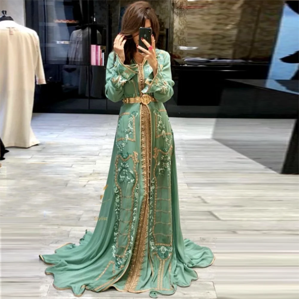 

Laxsesu Emerald Green Moroccan Kaftan Evening Dresses Saudi Arabia Long Sleeves Beaded Prom Dress 2022 Sweep Train Prom Gown