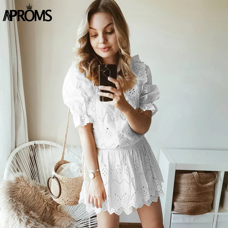 Aproms белая черная кружевная блузка с вышивкой, женская элегантная блуза с коротким рукавом и оборками, модная офисная блуза