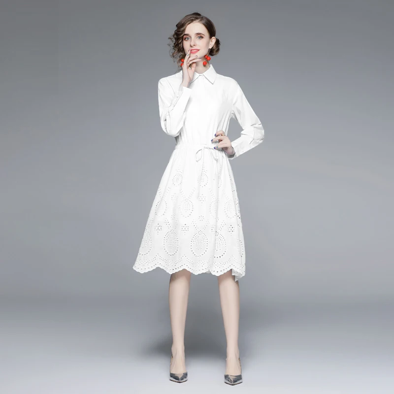 

2022 Vestidos Spring Runway Designer Turndown Neck Cotton Cut-Out Embroidered White Dress Women Long Sleeve Elegant Midi Dresses