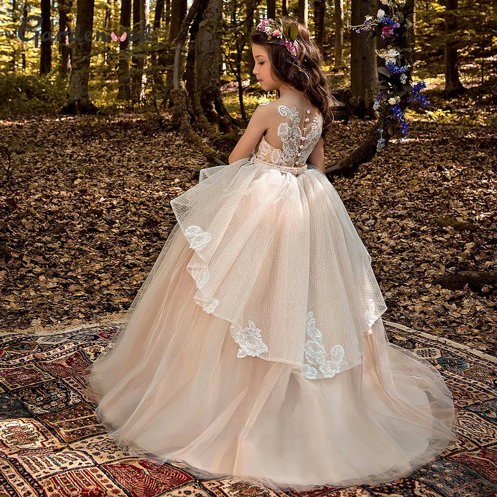 

Blush Princess Girl Dress Lace Flower Girl Dresses Puffy Tulle Children Dresses 2021 Crystal Belt Girl Gowns