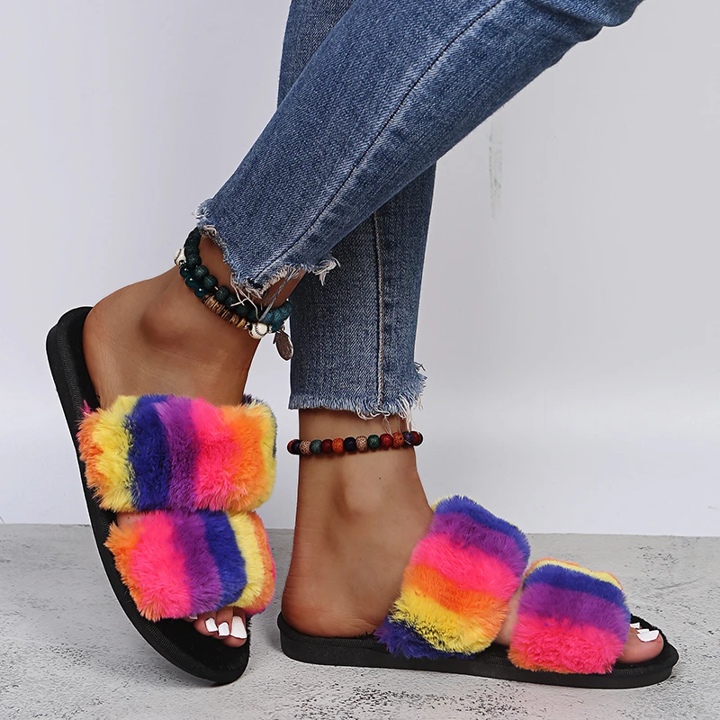 

Women Slippers Winter Shoes for Woman Home Slippers Faux Fur Slippers Flat Heel Shoes Rainbow Colorful Size 36-41 Fur Slides
