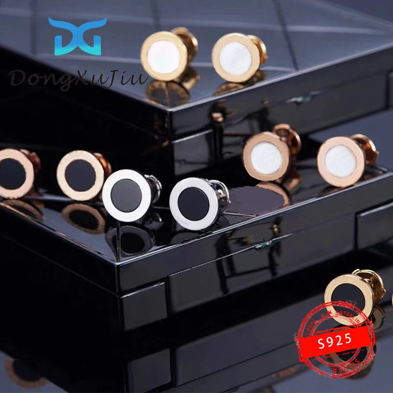 

High quality 1:1S925 sterling silver earrings with round shell studs for luxury original brand, fashion women's jewelry gifts