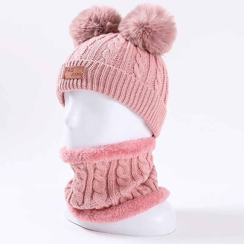 

Children's Twist Fur Ball Hat Scarf Two-piece Knitted Hat Fake Ball Leather Label Hat Set